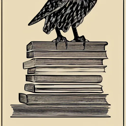 Image similar to an owl perched on a stack of books, art by james o barr and albrecht durer, woodblock print, black and white, vector
