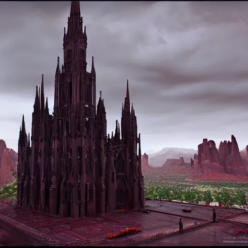 Prompt: physically based octane render of a epic dark gothic cathedral with tall spires made of hard red rock, gothic architecture, large windows, bloodborne cathedral, stained glass windows, gothic cathedral, GOTHIC cathedral, bristlecone pine trees, ultrawide cinematic, dark dramatic skies, atmospheric, vultures