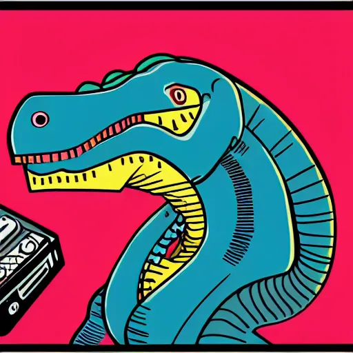 Prompt: memphis design, retro, 90s, detailed illustration, dinosaur samurai with a boombox