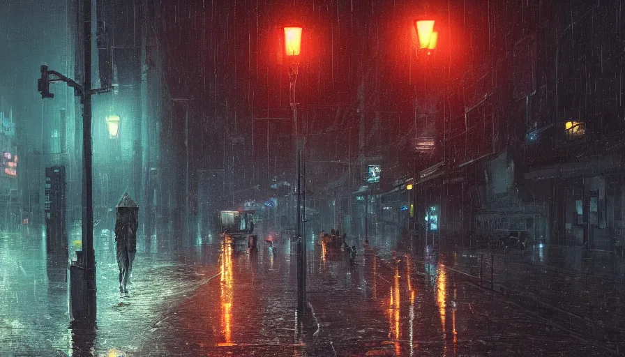 Image similar to A digital painting of a close-up view of a raining cyberpunk street, some street lights and padestrians, by Ismail Inceoglu and Caspar David Friedrich, stunning, photorealistic, highly-detailed, 4k, ue5, light effect, rtx on, realistic, cinematic, IMAX quality, trending on artstation