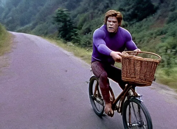 Prompt: film still of thanos as brand riding a very small bicycle with a basket down a steep mountain road in the goonies 1 9 8 5