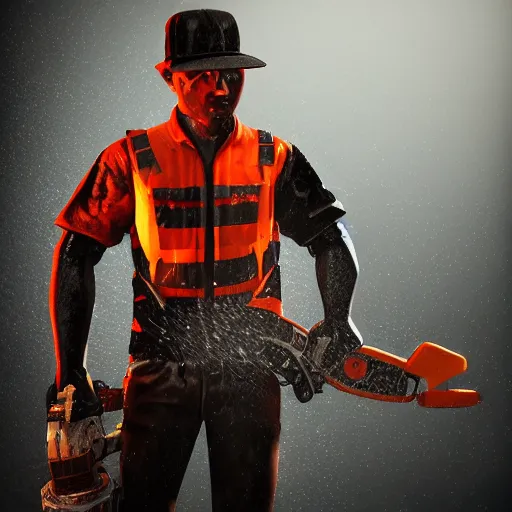 Image similar to portrait of the human with chainsaw instead of head and hands, unreal engine 5, ps5, highly detailed, gloomy lighting, photorealistic, 8k