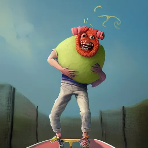 Image similar to highly detailed vfx character of a skateboarding tennis ball monster, skateboard stephen bliss, chalk, unrealengine, greg rutkowski, loish, rhads, beeple, chalk, makoto shinkai and lois van baarle, ilya kuvshinov, rossdraws, tom bagshaw, basil gogos