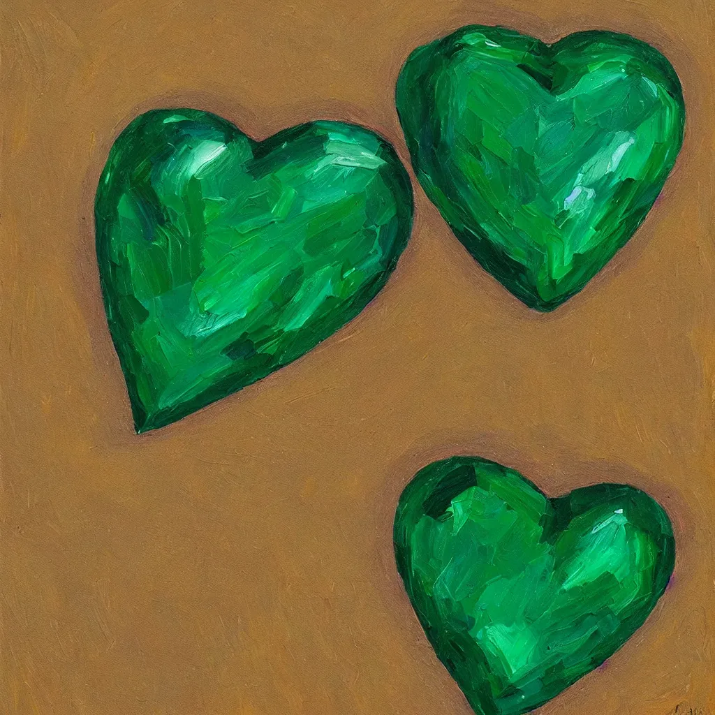 Prompt: Emerald in the shape of heart, oil painting,