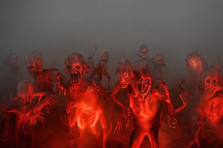 Image similar to photo of hellish creatures emerging from a thick mist, horror atmosphere, fear, mystery, dramatic, 8 k uhd