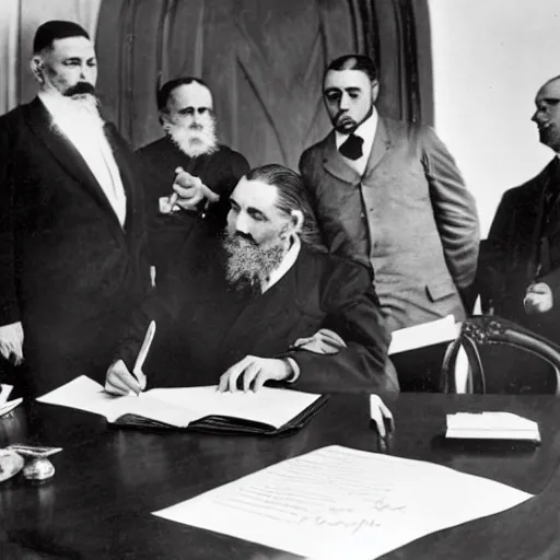 Image similar to black and white photograph from the early 1 9 0 0 s of fidel castro signing the declaration of independence with a giant!!!!! feathered!!! pen!!!!! wooden furniture out of focus in the background, high quality, hyperdetailed