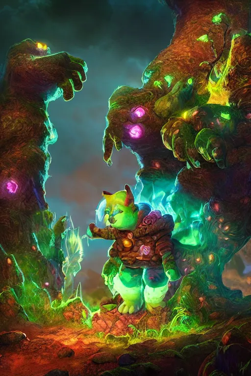 Image similar to arcane fantasy art giant golem elemental wood rock bastion forged gemstone enchanted forest troll, global illumination ray tracing hdr fanart arstation by sung choi and eric pfeiffer and gabriel garza and casper konefal lisa frank zbrush central hardmesh radiating a glowing aura