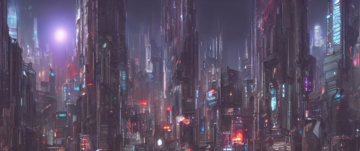 Prompt: detailed cyberpunk city at night, with a huge black hole in the sky, digital painting concept art, by Ralph Mcquarrie, highly detailed, trending on artstation, dark