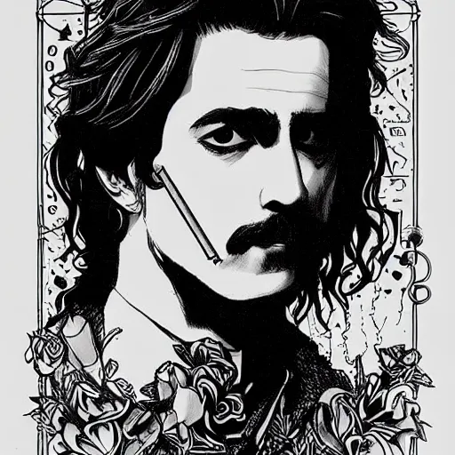 Prompt: black and white pen and ink!!!! aesthetic instagram artstation trending royal! nordic goetic young Frank Zappa x handsome Kyle Maclachlan golden!!!! Vagabond!!!! floating magic swordsman!!!! glides through a beautiful!!!!!!! floral!! battlefield dramatic esoteric!!!!!! pen and ink!!!!! illustrated in high detail!!!!!!!! by Koyoharu Gotouge and Hiroya Oku!!!!!!!!! graphic novel published on 2049 award winning!!!! full body portrait!!!!! action exposition manga panel black and white Shonen Jump issue by David Lynch eraserhead and Frank Miller beautiful line art Hirohiko Araki