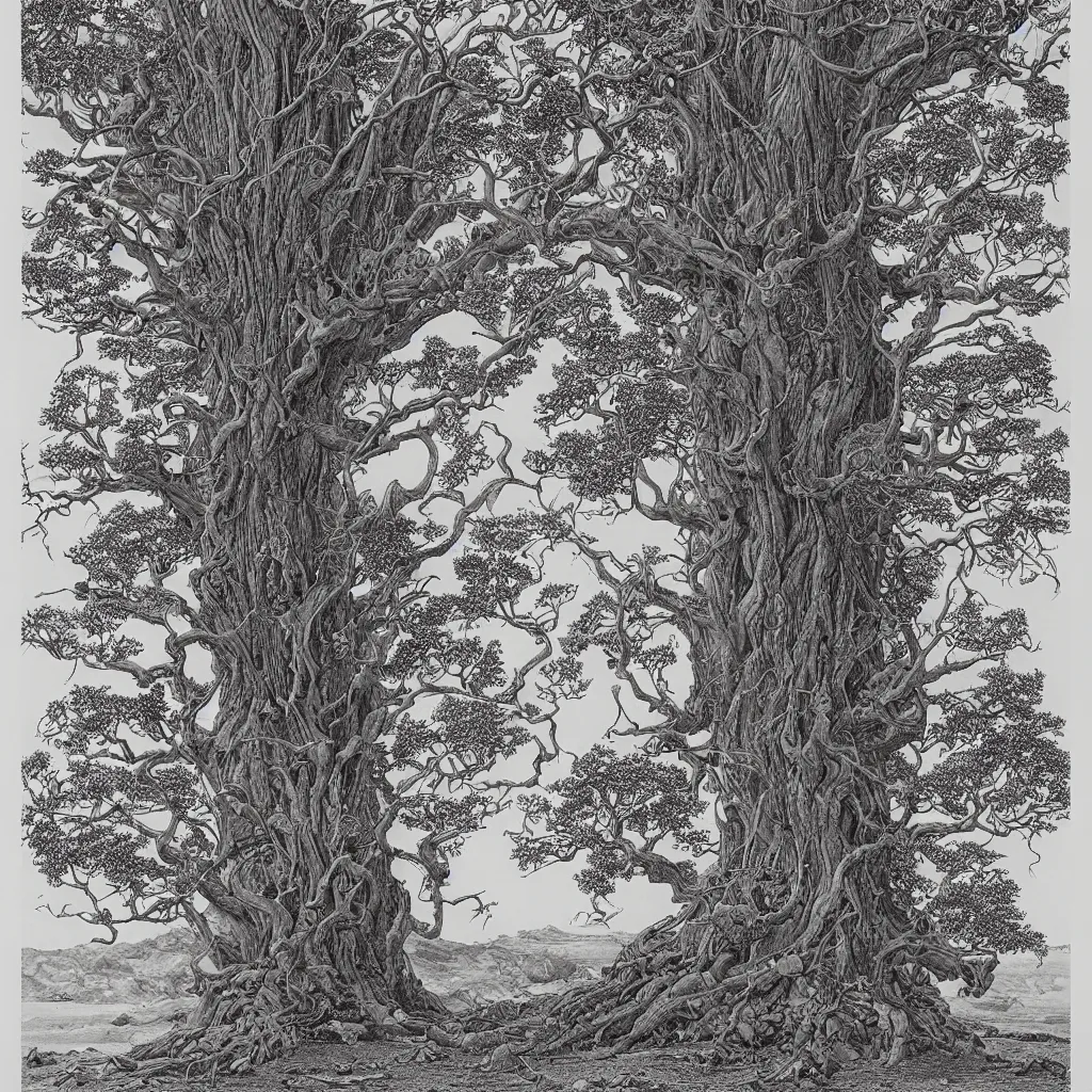 Image similar to tree of life, yggdrasil, by moebius, by laurie lipton