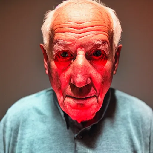 Image similar to an old man with glowing red eyes