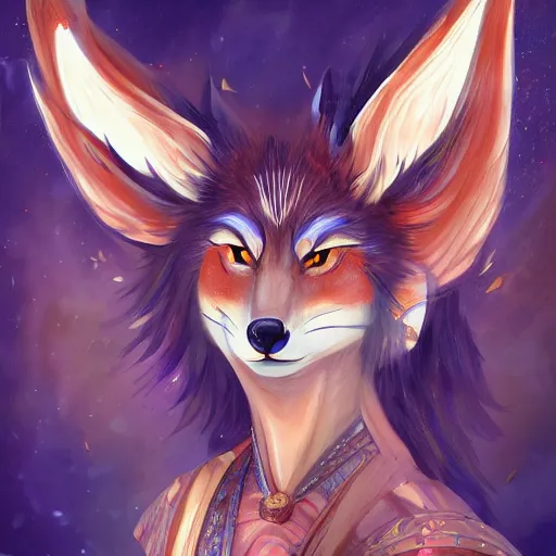 Image similar to a painted avatar portrait of an awesome powerful humanoid kitsune fox mage themed around life and death, in the style of dnd beyond avatar portraits, beautiful, artistic, elegant, lens flare, magical, lens flare, nature, realism, stylized