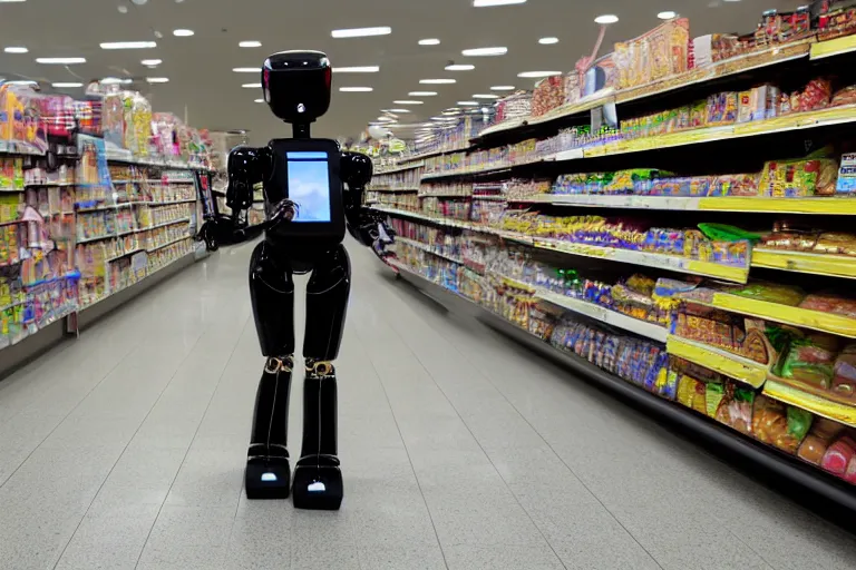 Image similar to photojournalism of sleek humanoid robot walking out of grocery store carrying grocery bags