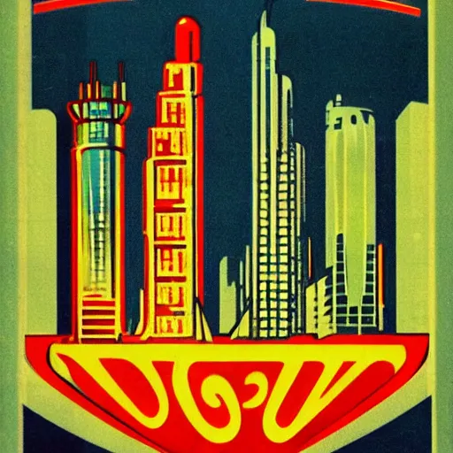Prompt: logo 1 9 5 0's futuristic glass city, silhouette, symmetrical, washed out color, centered, art deco, 1 9 5 0's futuristic, glowing highlights, peaceful