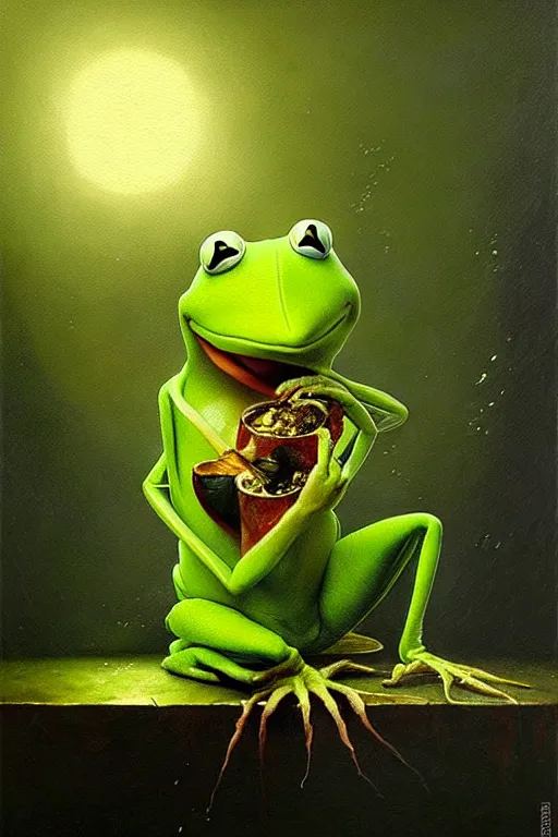 Prompt: hieronymus bosch, greg rutkowski, anna podedworna, painting of kermit the frog eating beans