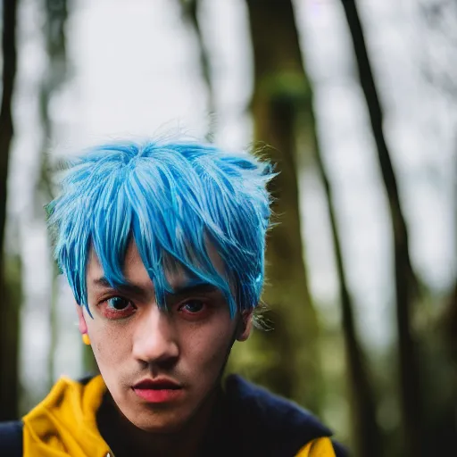 Prompt: rimuru tempest, young man blue hair yellow eyes, canon eos r 3, f / 1. 4, iso 2 0 0, 1 / 1 6 0 s, 8 k, raw, unedited, symmetrical balance, in - frame