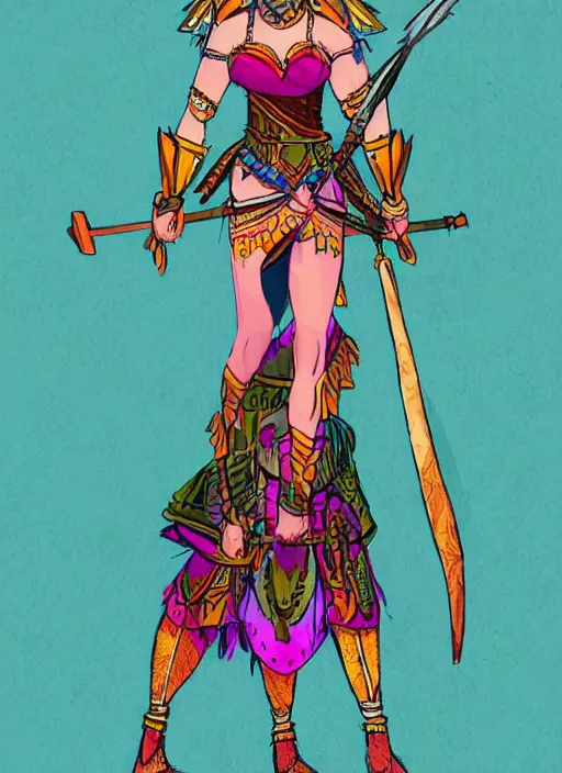 Prompt: a full body concept art of a warrior princess in colorful clothing