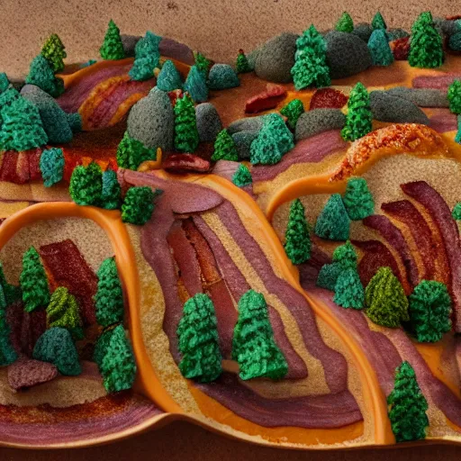 Image similar to landscape made out of breakfast foods. oatmeal mountains, orange juice river, bacon trees. photorealistic, tilt shift effect, 3 5 mm