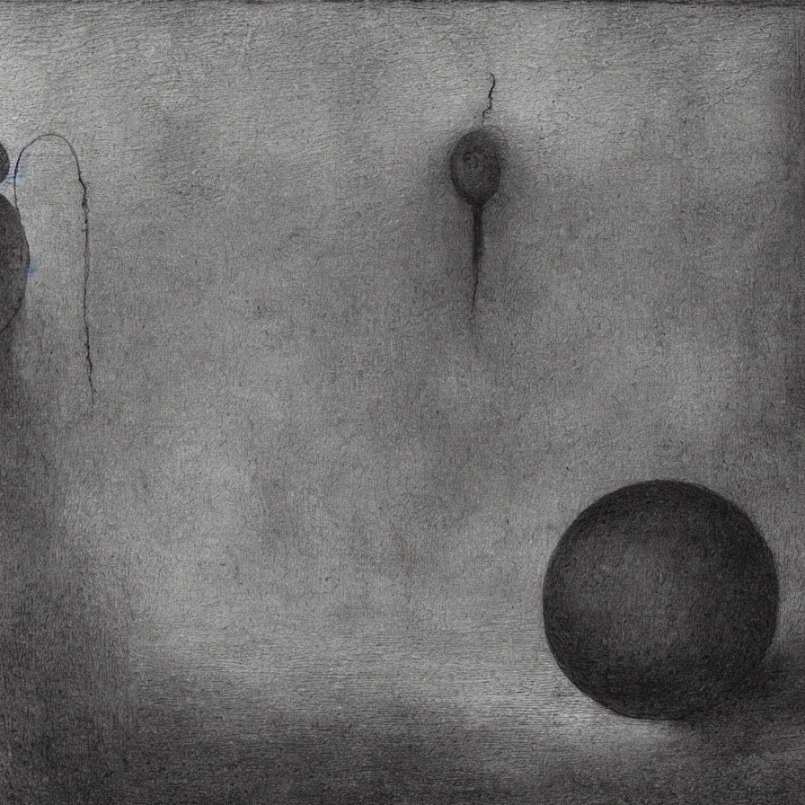 Prompt: artwork about a sad sphere - headed character, by alfred kubin. atmospheric ambiance. depth of field and tridimensional perspective. foggy.