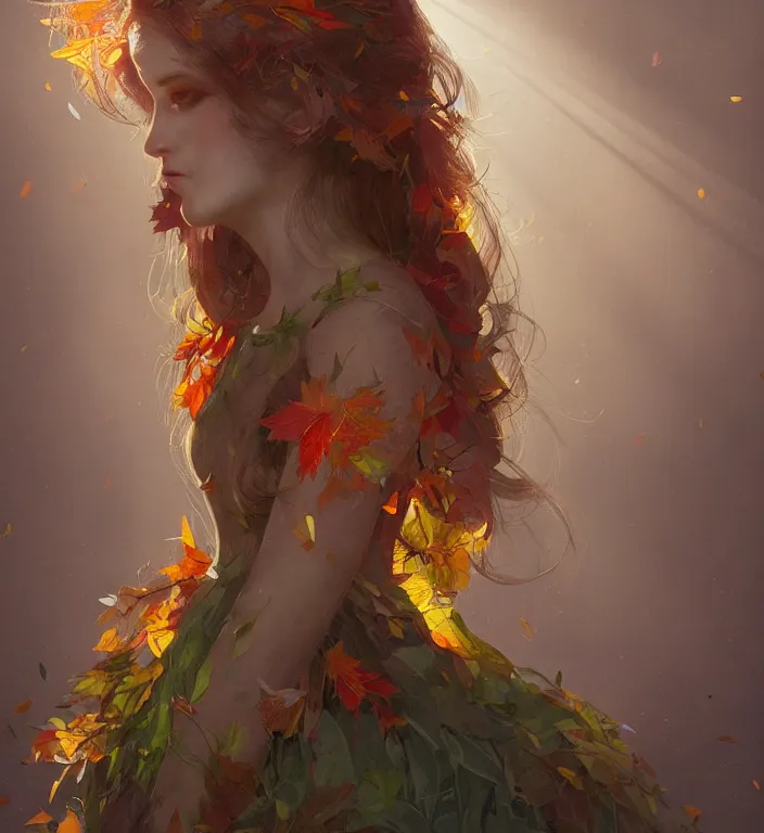 Prompt: portrait of a woman wearing a dress of stained glass , autumn leaves falling, dramatic volumetric lighting, god rays, global illumination, soft, sharp focus, sci-fi, ivy, moss, trending on artstation, intricate concept art by virgil hoo and Sebastian Luca and Greg Rutkowski