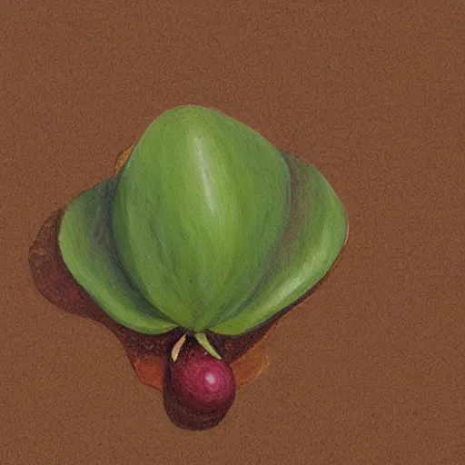 Image similar to detailed painting of a single small seed sitting on loose fresh earth, breaking open to reveal the cotyledon. muted colors and natural tones.