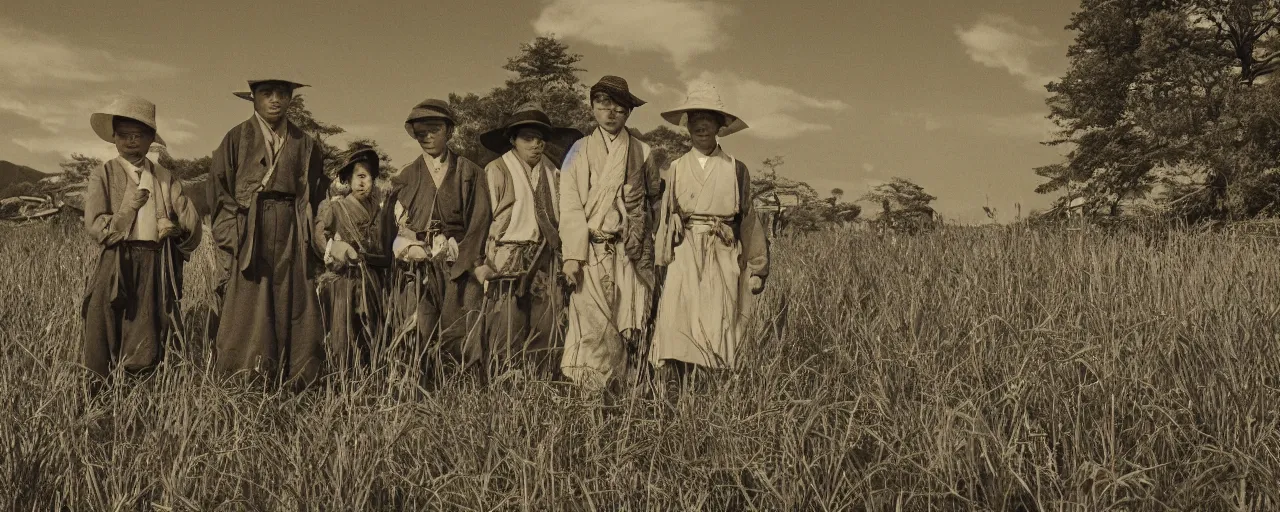 Prompt: rural 1 8 0 0 s japanese countryside, bountiful spaghetti, ultra - realistic faces, fine detail, canon 5 0 mm, in the style of ansel adams, wes anderson, kodachrome, retro