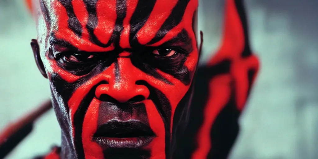 Image similar to a film still of samuel l. jackson starring in a blockbuster film as darth maul from star wars, shallow depth of field, cinematic, award winning cgi, vfx, film still