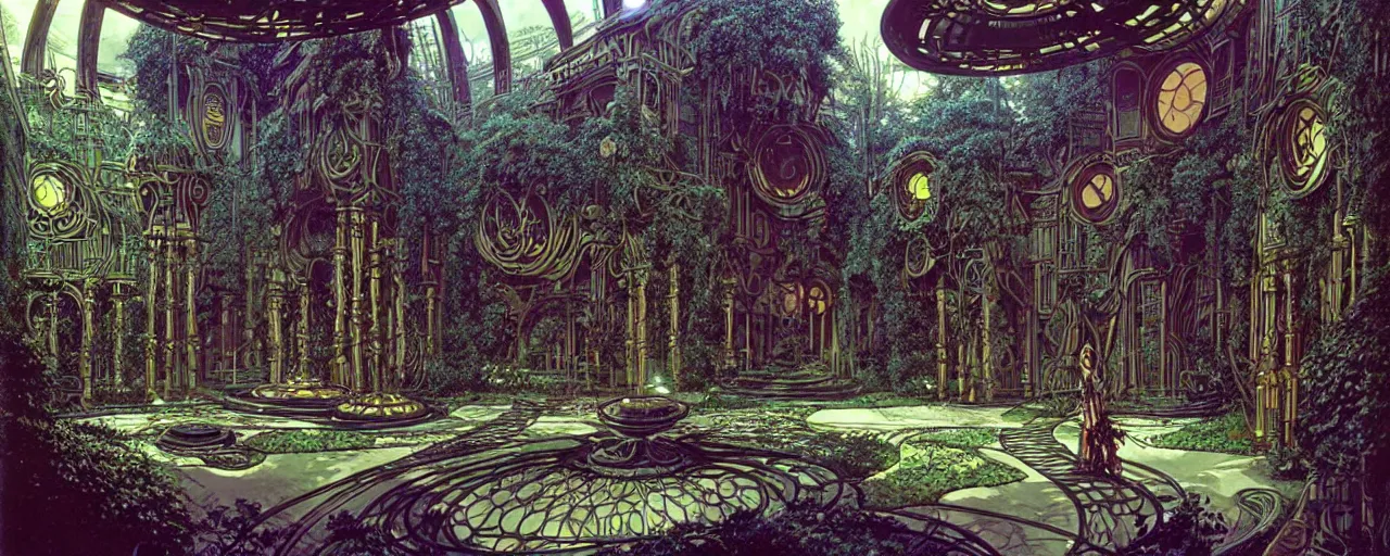 Image similar to a luxurious scifi futuristic victorian garden courtyard by killian eng, moebius, philippe druillet