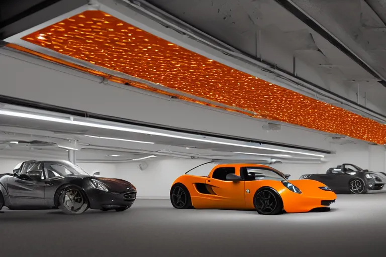 Image similar to highly detailed underground parking garage showcasing one only one single lone sparkly orange Lotus Elise, fluorescent ceiling lights, by Beeple and Syd Meade, concept art, octane render, 8k HDR, artstation