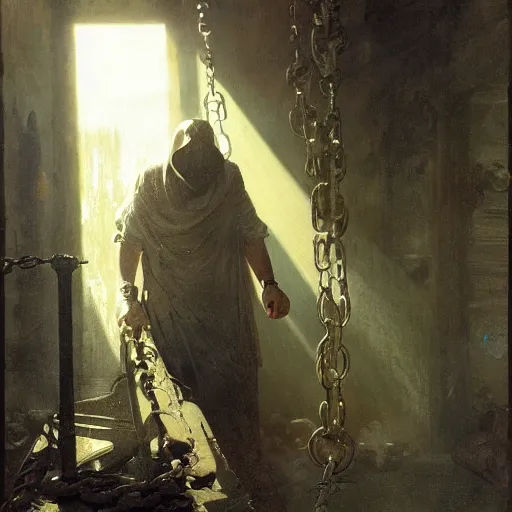 Image similar to half portait of magican wearing a closed cowl holding a big old book! with chains!! on his wrist, jeremy mann, jean leon gerome, alphonse mucha, greg rutkowski, hood covers his eyes, ( ( ruins of ancient rome ) ), at dusk, mysterious atmosphere, sunrays, dof, masterpiece, high detailed, 8 k
