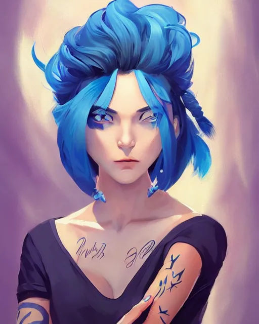 Image similar to beautiful female blue hair tattoo symmetrical face eyes full length fantasy art Video game icon, 2d game art gta5 cover , official fanart behance hd artstation by Jesper Ejsing, by RHADS, Makoto Shinkai and Lois van baarle, ilya kuvshinov, rossdraws