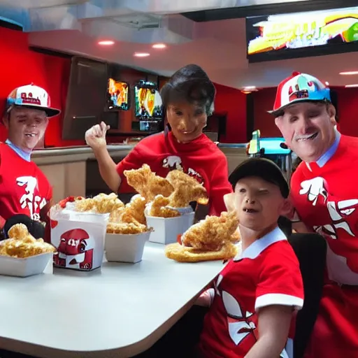 Prompt: the ghostbuster crew eating at kfc