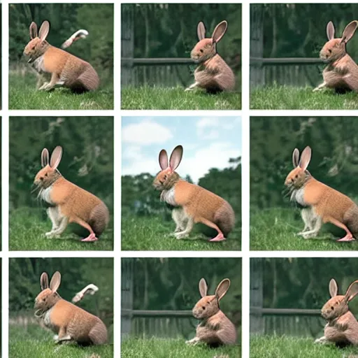 Prompt: a rabbit jumping up over a fence, shown as a film strip showing 9 sequential stills from the video clip in a grid