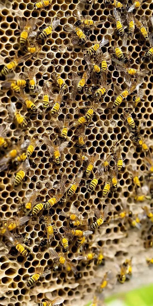 Image similar to Wasps attack two twin bee colonies, 8k, hd,