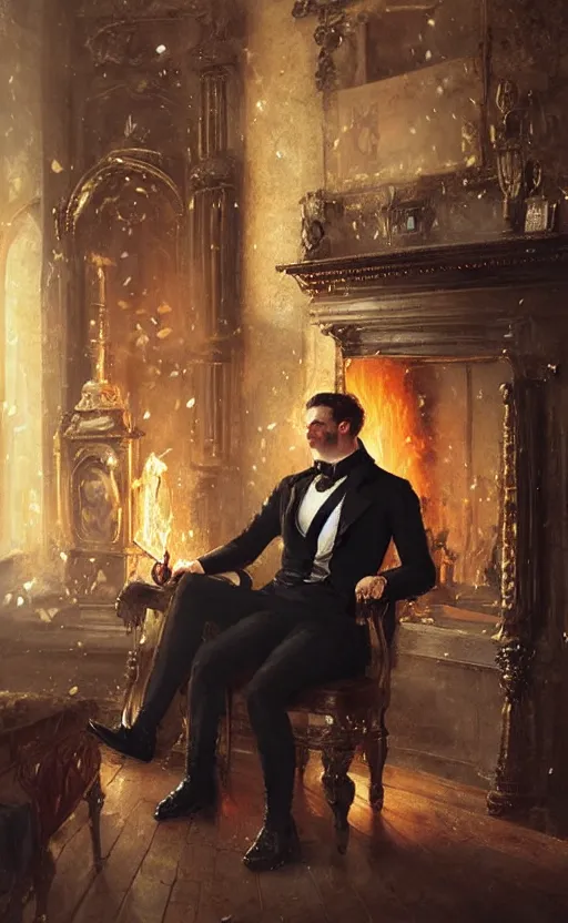 Prompt: portrait of a victorian aristocrat sitting by a fireplace, victorian male, detailed face, fantasy, highly detailed, cinematic lighting, digital art painting by greg rutkowski