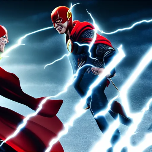 Image similar to Flash vs Thor, very detailed, 16k render, ultra realism