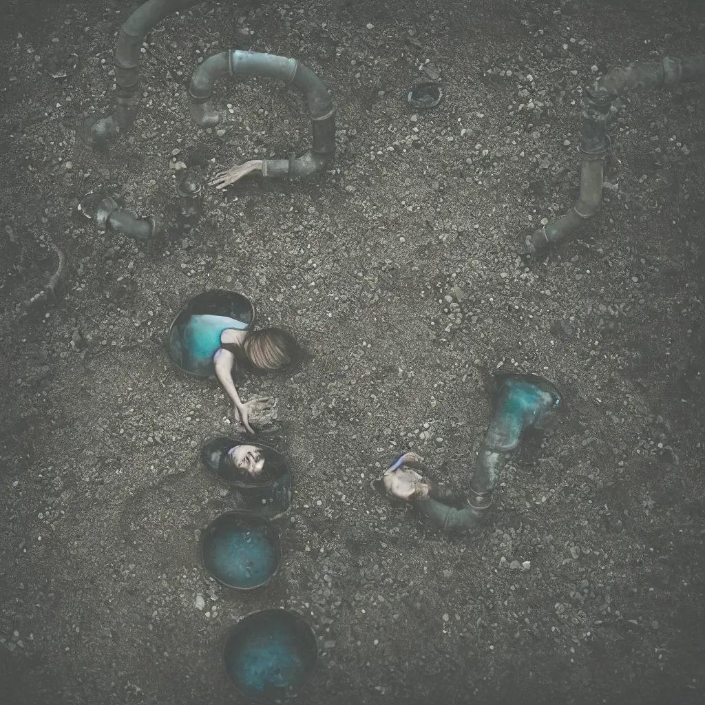 Prompt: a woman buried in oil and crossed by delicate porcelain rusty pipes in a glowing iridiscent lake leica, 2 4 mm