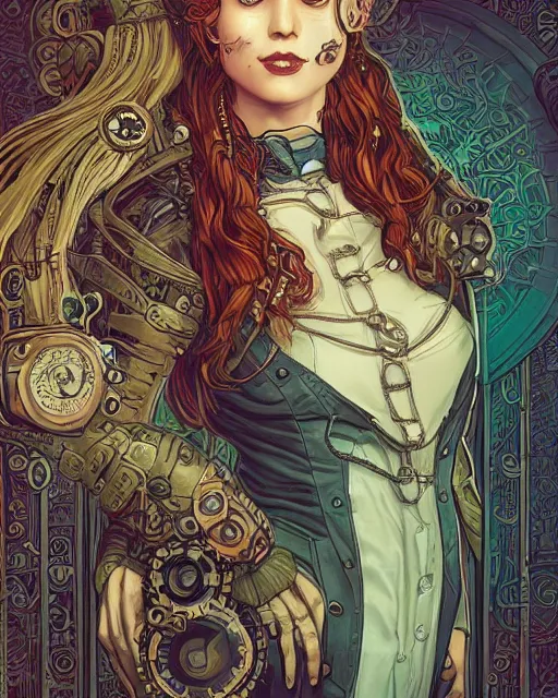 Prompt: a detailed portrait illustration of a steampunk tech - sorcerer. beautiful female face, ginger. art nouveau, pop art, comic book style. influenced by neil gaiman, h. p. lovecraft, dan mumford, brian froud, heade, killian eng, ross tran.