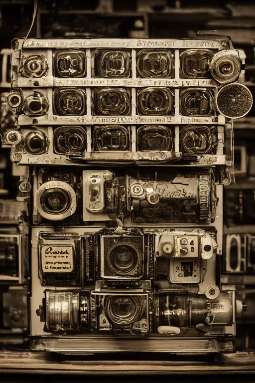 Image similar to a photo taken by someone who doesn't know how to use a camera, the most complex kodak camera ever made with vacuum tubes, capacitors and coils inside, through a dirty store window by Wes Anderson, grungy, weathered Ultra detailed, hyper realistic, 4k