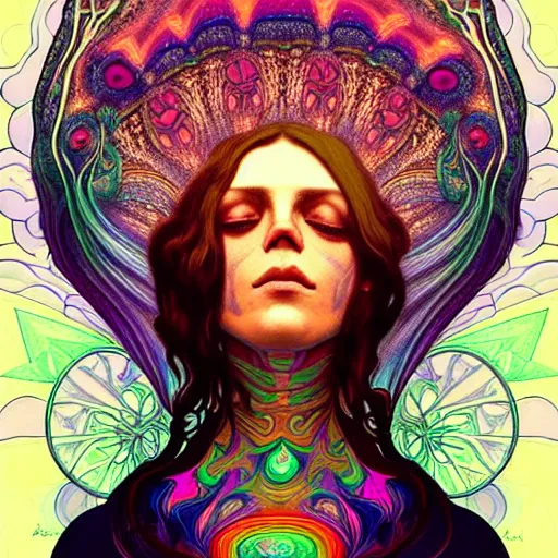 Image similar to An extremely psychedelic experience, reality bending, morphing, transforming, colorful, surreal, magic mushrooms, psilocybin, LSD, face, detailed, intricate, elegant, highly detailed, digital painting, artstation, concept art, smooth, sharp focus, illustration, art by Krenz Cushart and Artem Demura and alphonse mucha