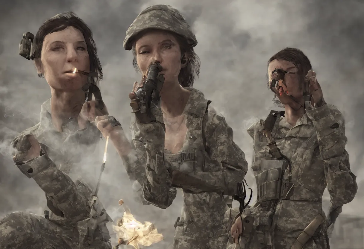 Prompt: Female soldier from post apocalyptic world smoking a cigarette, rendered in Unreal Engine, realistic lighting, 8K