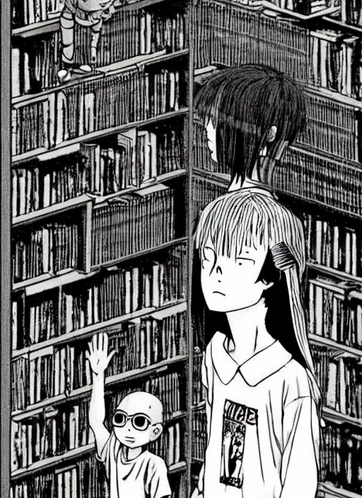 Prompt: a woman who listens to grunge music looking curiously at a strange ghost of a weird kid standing closely to her left side in the creepy library, by Akira Toriyama, Katsuhiro Otomo, Yoshitaka Amano, and Nico Tanigawa.