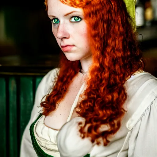 Image similar to beautiful bar maid with auburn hair and green eyes, in a medieval tavern, dramatic, cinematic, filmic, 7 5 mm, f / 1. 8