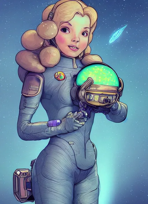 Image similar to beautiful planet cottagecore princess rosalina holding a bob - omb wearing a scifi space jetsuit by laurie greasley, intricate bioluminescent highly detailed, digital painting, concept art, symmetrical face, octane render unreal engine meta humans, smooth, sharp, focus, illustration, art by artgerm and greg rutkowski and alphonse mucha, artstation