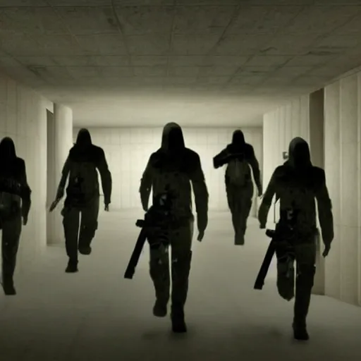 Image similar to cinematic award winning movie scene of scp - 0 9 6 escaping containment with mtf scp soldiers with guns aiming, dark creepy room, sharp focus, 8 k, realistic