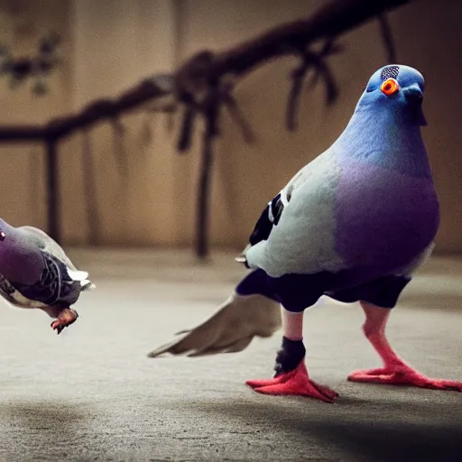 Image similar to a pigeon vs a kid kung fu style in a dojo for a piece of bread, facing each other, stand off, muscled pigeon like the rock, best photo award, high quality 8 k, cinematic lighting, cinematic composition, high detail, realism : 9 5 %