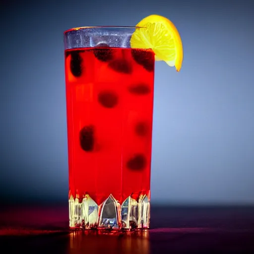 Prompt: photorealistic image of a glass of cherry soda, very dim red lights, very dim blue lights, very dark room, dark background, very photorealistic, resembles lemon demon - view - monster album art