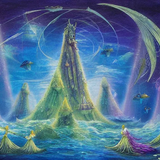 Image similar to highly detailed pleadian towers and worlds with mermaids swimming in the deep with blue hue oil painting