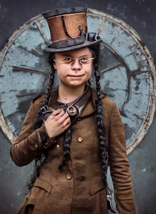 Image similar to closeup portrait of a steampunk greta thunberg wearing a top hat and goggles, depth of field, zeiss lens, detailed, symmetrical, centered, fashion photoshoot, by Annie Leibovitz and Steve McCurry, David Lazar, Jimmy Nelsson, Breathtaking, 8k resolution, extremely detailed, beautiful, establishing shot, artistic, hyperrealistic, beautiful face, octane render