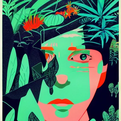 Image similar to gigantic girl faces, tiny robots, a lot of exotic vegetation around, risograph!, colorful flat surreal design, super - detailed, a lot of tiny details, fullshot, by luigi serafini and moebius